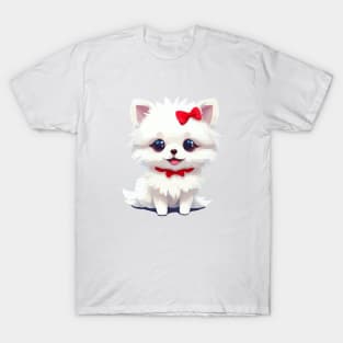 Cute adorable white Pomeranian with red bow tie T-Shirt